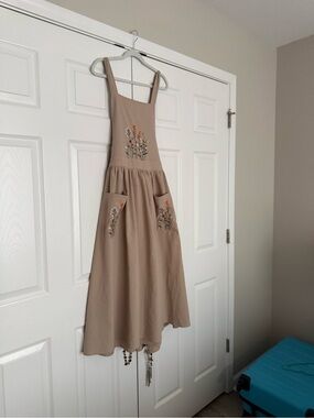 SHEIN Taupe Pinafore Midi Dress with Floral Embroidery